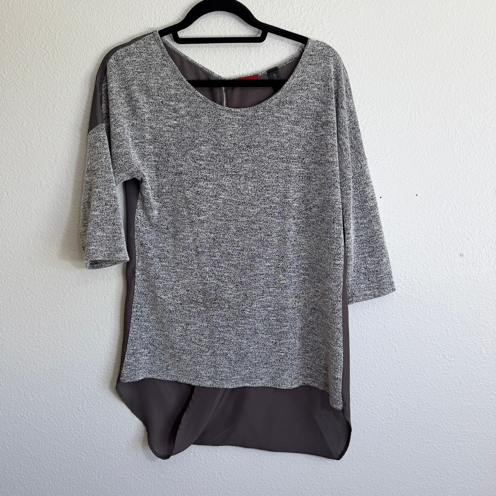BKE Gray Marl Knit Open Split Back Mixed Media Top Size Small Dolman
